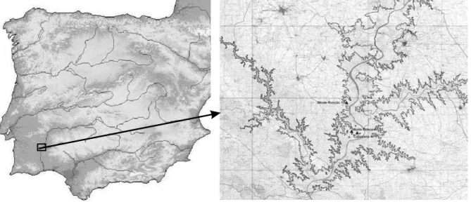 Fig. 1 - Localização no contexto peninsular do regolfo de Alqueva e dos sítios intervencionados pelo Bloco 14.