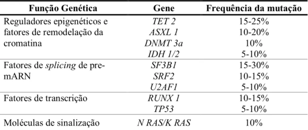 Tabela 4. Mutações somáticas mais frequentemente observadas na SMD  (29) . 
