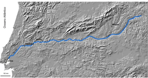 Figura 1.  Modelo digital de terreno (dados altimétricos do SRTM v4) da região atravessada pelo rio Tejo/