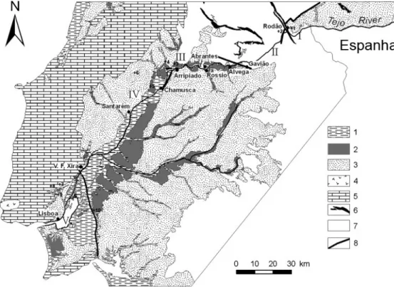 Figura 4.  Localização dos principais sítios arqueológicos com Paleolítico Médio no mapa geológico simpli- simpli-ficado da Bacia Cenozoica do Baixo Tejo (adaptado da Carta Geológica de Portugal na escala 1/500000, de  1992)