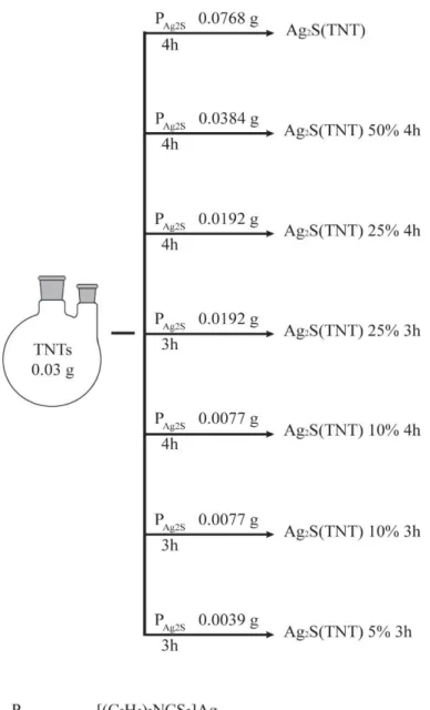 Figura 2.1 - Diagrama dos passos reacionais seguidos para a sintese das diferentes amostras de TNTs decorados com  as nanopartículas de Ag 2 S.