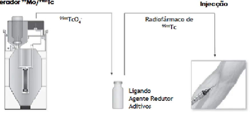 Figura 1.9 - Reconstituição de um dado kit e obtenção de um dado radiofármaco para uso clínico 
