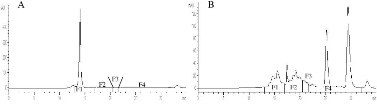 FIGURA  1  -  Perfil  cromatográfico  dos  hidrolisados  enzimáticos  de  WPC.  A  e  B:  cromatogramas  de  hidrolisados  obtidos  com  a  protease de Aspergillus sojae (H6) e a pancreatina (H12), respectivamente