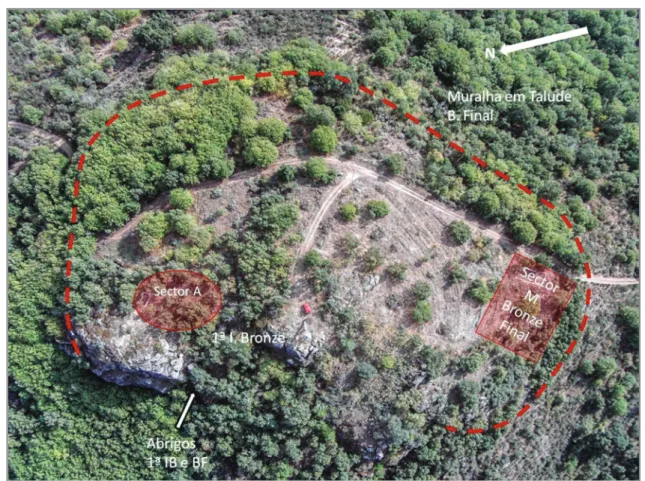Fig.  1 - Vista aérea do sítio da Fraga dos Corvos tirada com drone DJI PHanToM2 VIsIon+ em setembro de 2014 após limpeza de matos