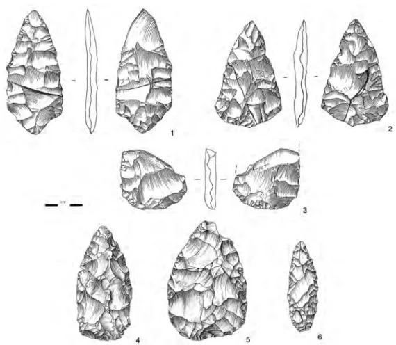 Fig. 11 – Esboços   de peças foliáceas   de Arneiro e Passal  (1-2 adaptado de  Zilhão, 1997, p