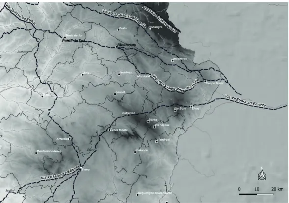 Figura  1  -  Rede  viária  no  Alto  Alentejo,  a  partir  de  Carneiro,  2014.  Mapa   ela-borado  por  Jesus  Garcia  Sánchez.