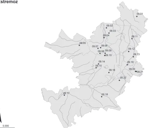 Figura  8  -  Cartografia  dos  sítios  arqueológicos  de  é-  poca  romana  no  concelho  de Estremoz