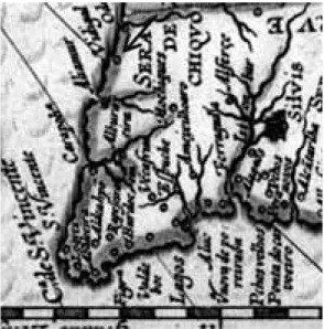 Fig. 2 Extracto do Reino do Algarve do mapa de Portugal  Continental (mapa deitado) de Alvares Seco, primeiro  cartógrafo português