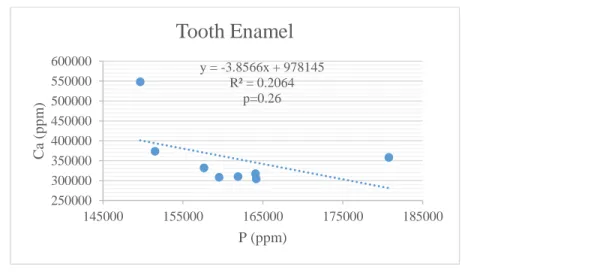 Figure 9: No correlation between Ca and P concentrations (ppm) in tooth enamel 