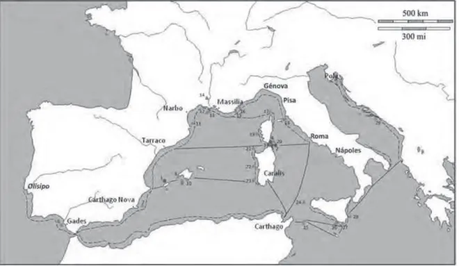 Figura 2 – Sítios de naufrágio referidos no texto e rotas de circulação das ânforas lusitanas  no Mediterrâneo Ocidental