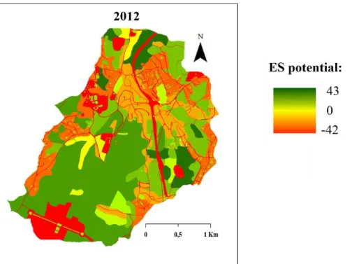 Fig. 8 - Mapping of ES potential of Ribeira dos Covões catchment in 2012, based on expert matrix
