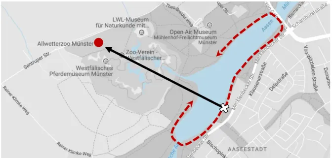 Figure 12: Barrier Condition. Two routes crossing the lake from the pointing location towards the  Zoo (Location 2)