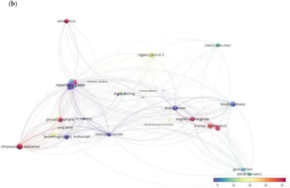 Figure 6. (a). Map of bibliographic coupling analysis based on authors (weights on the total link strength).(b)