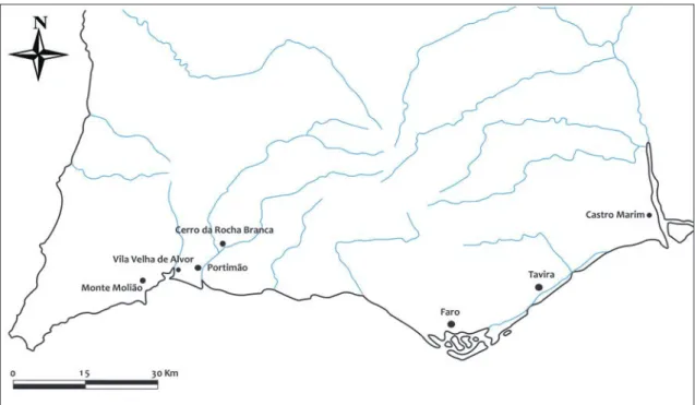Figura 1. Localização dos sítios referidos no texto ao longo da costa algarvia.