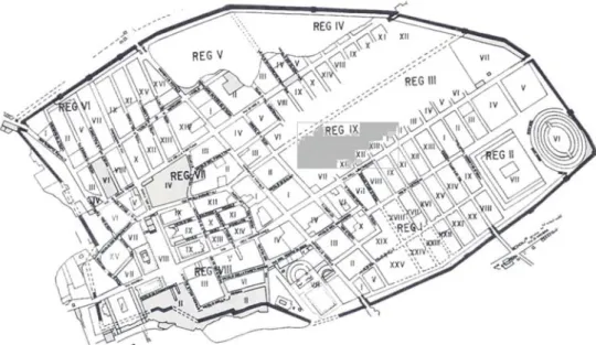 Fig. 2: Planta da cidade de Pompeios, com indicação da região IX, onde a inscrição «Sodoma e  Gomorra» foi encontrada.