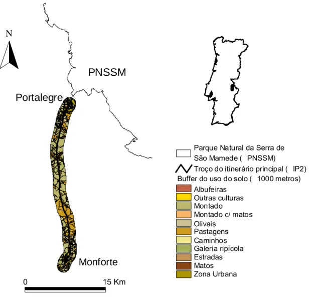 Figura 1 – Localização do troço de estrada estudado (IP2) próximo do Parque Natural da Serra de São  Mamede (PNSSM), Portugal
