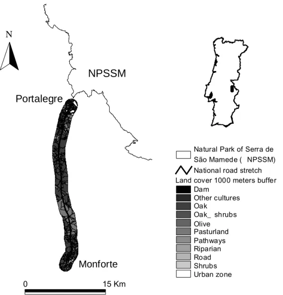 Figure 1 – Location of the studied stretch of IP2 road near the Natural Park of Serra de São Mamede  (NPSSM), Portugal