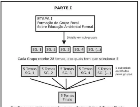 FIGURA 1 - Descrição passo a passo da primeira etapa da Oficina Formação de Líderes de Grupos de Discussão em Educação Ambiental, em que os participantes deveriam escolher os cinco temas mais importantes a serem tratados pelo campo da Educação Ambiental.