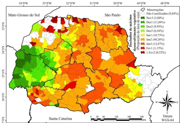 Tabela 2) com seu MDV entre o 3 o  decêndio de novembro (3 o  Dec/Nov) e 2 o  decêndio de dezembro  (2 o   Dec/Dez),  no  restante  do  Estado,  o  período  crítico  de  desenvolvimento  da  cultura  da  soja  ocorreu em janeiro