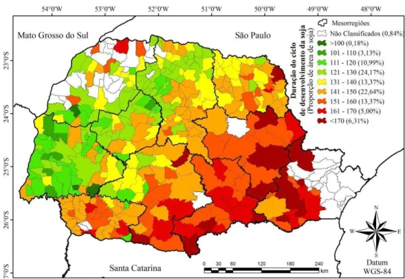 FIGURA 8. Duração do ciclo de desenvolvimento da soja por municípios no Estado do Paraná, para  o  ano-safra  de  2011/2012
