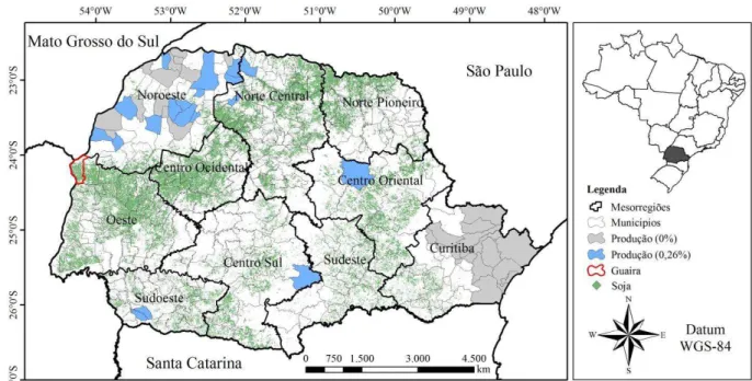 FIGURA 1. Mapa de localização dos 399 municipios e das 10  mesorregiões do  Estado do Paraná e  o  mapeamento  da  cultura  da  soja,  ano  safra  de  2011/2012