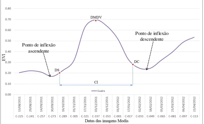 FIGURA  2.  Perfil  espectrotemporal  médio  de  EVI  do  sensor  Modis  do  município  de  Guaíra,  no  Estado  do  Paraná,  ano-safra  de  2011/2012