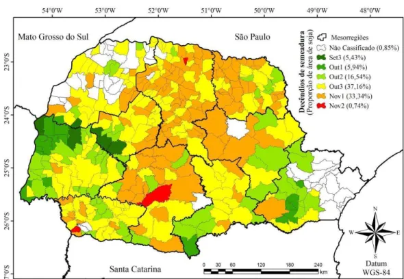 FIGURA  5.  Decêndios  de  semeadura  e  proporção  de  área  de  soja  por  municípios,  no  Estado  do  Paraná, ano-safra de 2011/2012