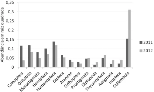 FIGURA 3. Comparações das abundâncias relativas das ordens obtidas nas safras de milho de 2011  e  2012