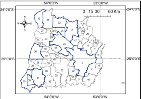 FIGURA 1. Região oeste do Paraná, com destaque para os municípios com estações  meteorológicas: (2) Assis Chateaubriand; (8) Cascavel; (15) Foz do Iguaçu; (16)  Guaíra; (32) Palotina; (36) Santa Helena; (41) São Miguel do Iguaçu, e (45)  Toledo