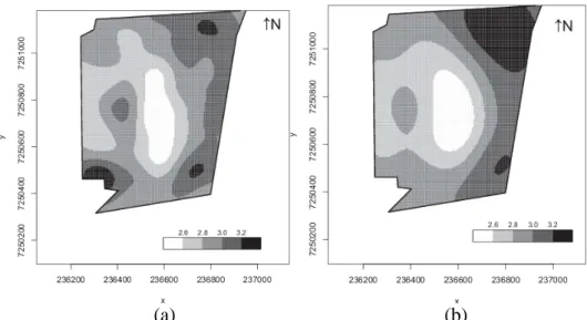 FIGURA 5. Mapas temáticos para a produtividade da soja (Mg ha  1 ) no ano agrícola de 2006/2007:  (a) Produtividade da soja (Mg ha  1 ) com 83 pontos amostrais, e (b) Produtividade da  soja (Mg) com a retirada do ponto 6