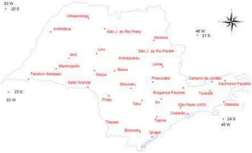 FIGURA 2. Localidades do Estado de São Paulo contempladas no estudo. Sites in São Paulo State 