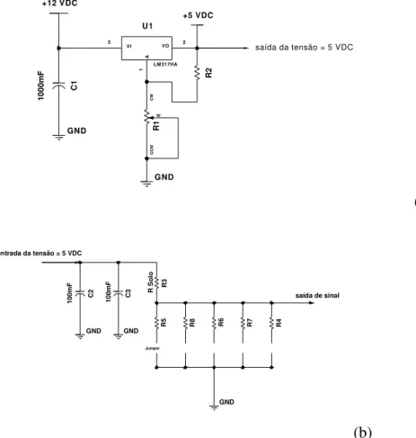 FIGURA  1.  Esquema  do  circuito  regulador  de  tensão  para  alimentação  dos  sistemas  (a)  e  do  circuito de mensuração da resistência elétrica do solo (b)