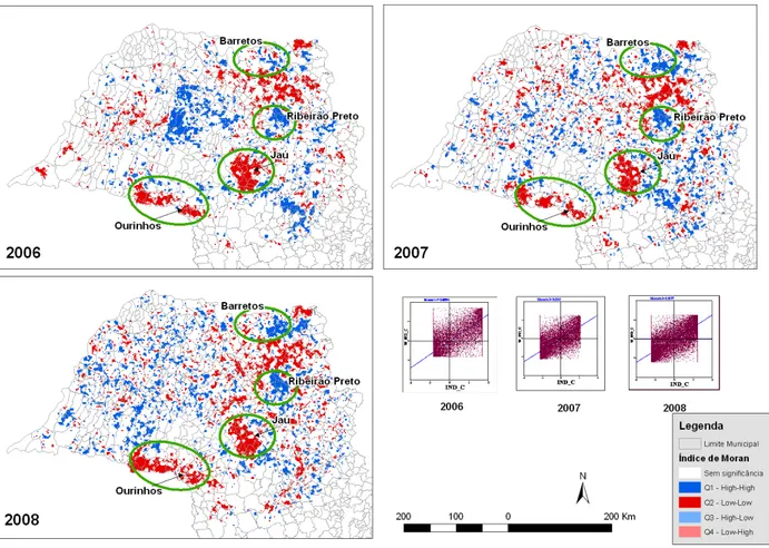 FIGURA  3.  Autocorrelação  global  para  o  índice  de  colheita  das  células  de  2x  2  km  e  mapa  de 