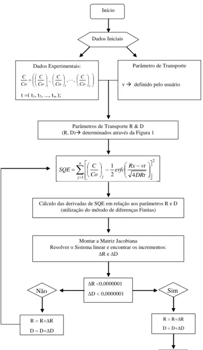 FIGURA 2. Programa para o ajuste dos parâmetros de transporte R e D.  Computational routine to fit  the transport parameters R and D 