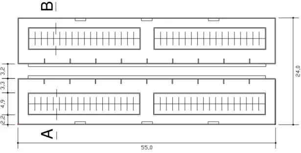 FIGURA  2. Esquema  de  um  galpão  de  estabulação  livre.  Scheme  of  a  free  stall  barn