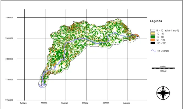 FIGURA 5. Mapa de perdas de solo da bacia (t ha -1  ano -1 ).  Map of soil losses of the watershed