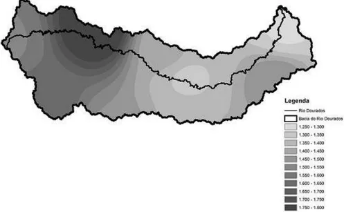 FIGURA 1. Precipitação (mm) anual para a Bacia Hidrográfica do Rio Dourados, período de 1958 a  2007