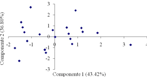 FIGURA 2. Dispersão dos julgadores no plano das duas primeiras componentes principais da ACP,  as  quais  explicam  80,22%  da  variância  total  das  notas  dadas  para  a  amostra  B