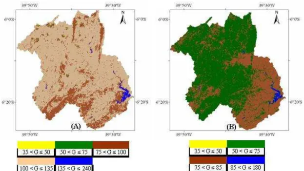 FIGURA 6. Fluxo de calor no solo (G) para a bacia hidrográfica do Trussu - CE, em outubro de  2000 (A) e julho de 2001 (B)