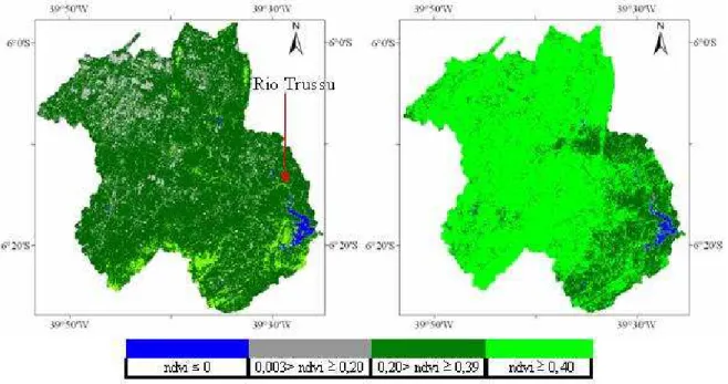 FIGURA 4. Índice de Vegetação por Diferença Normalizada (NDVI) para a bacia hidrográfica do  Trussu  -  CE,  em  outubro  de  2000  (A)  e  julho  de  2001  (B)