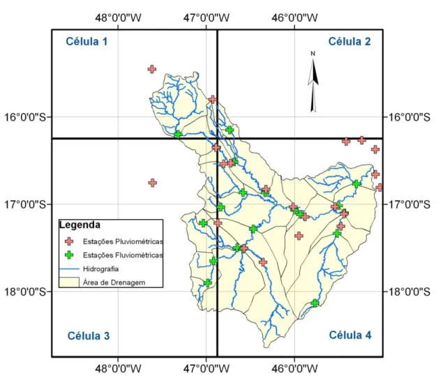 FIGURA 1. Células  do  modelo  de  circulação  global  sobre  a  bacia  do  Paracatu,  estações  pluviométricas e fluviométricas e áreas de drenagem