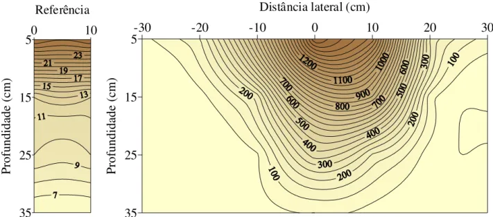 FIGURA 9.  Distribuição de fósforo  (P: mg dm -3 ) no perfil do solo com adição de 30 kg ha -1  de 