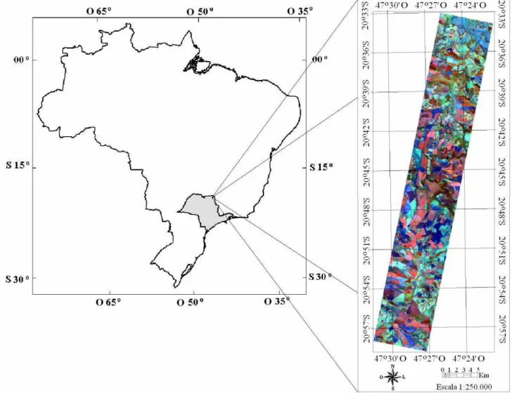 FIGURA 1. Localização da área de estudo, no município de Franca - SP, e imagem Hyperion/EO-1 utilizada.