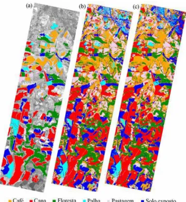 FIGURA 3. Composição colorida falsa-cor com as bandas do sensor Hyperion centradas em 833 nm (R), 1.659 nm (G) e 660 nm (B), indicando as áreas utilizadas na classificação do uso e cobertura do solo (a), mapas temáticos de uso e de cobertura do solo gerado