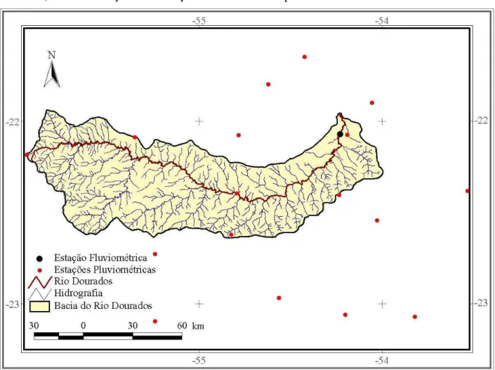 FIGURA 1. Bacia  do  Rio  Dourados,  hidrografia  e  estações  fluviométrica  e  pluviométricas  utilizadas