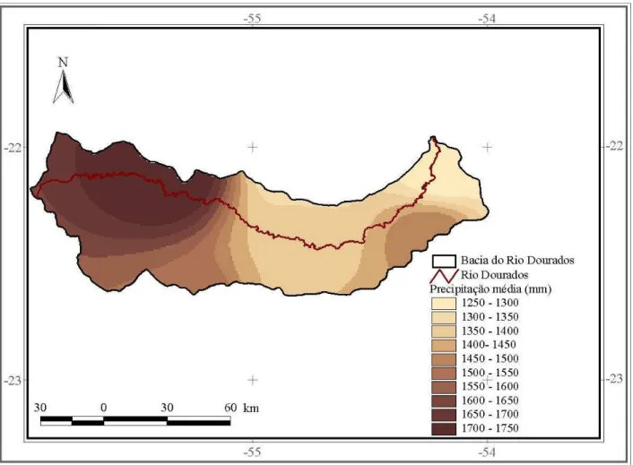 FIGURA 2. Distribuição  espacial  da  precipitação  média  anual  na  Bacia  do  Rio  Dourados,  considerando o período de 1973 a 2002