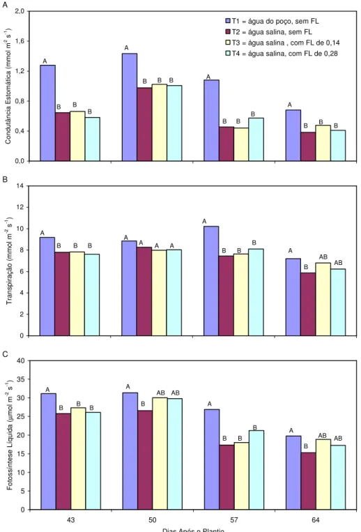 FIGURA 3. Condutância estomática (A), taxa de transpiração (B) e taxa de fotossíntese líquida (C)  em folhas maduras de plantas de feijão-de-corda, em função dos tratamentos (T1 a T4)  e da época de medição (dias após o plantio)