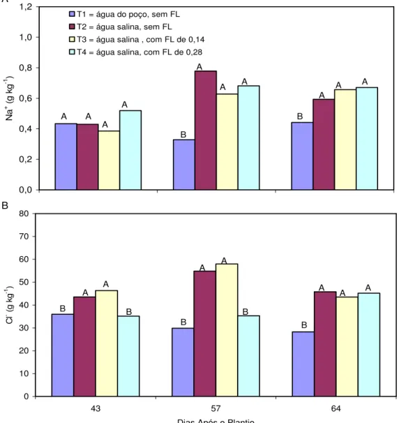 FIGURA  4.  Teores  de  Na +   (A)  e  Cl -   (B)  em  folhas  maduras  de  plantas  de  feijão-de-corda  em  função dos tratamentos (T1 a T4) e da época de coleta (dias após o plantio)