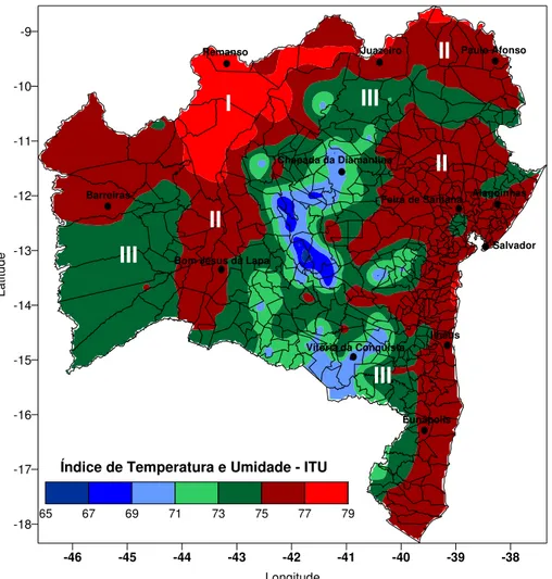 FIGURA  2. Zoneamento  Bioclimático  para  bovinos,  baseado  no  índice  de  temperatura  e  umidade  (ITU) referente aos meses mais quentes do ano para a Bahia