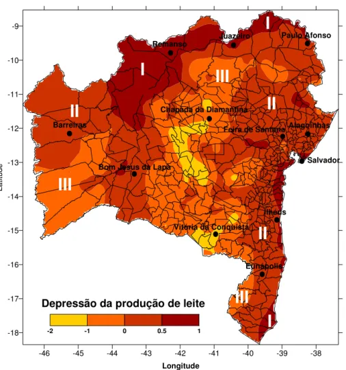 FIGURA 3. Espacialização da depressão da produção de leite (DPL) para vacas que produzem 10 kg  na Bahia, para as condições ambientais de verão